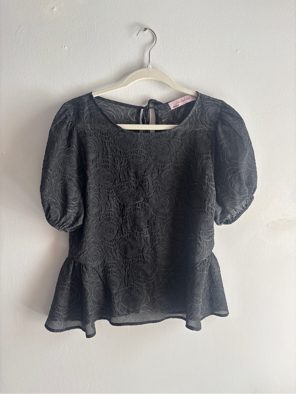 Lisa Says Gah Textured Puff-Sleeve Peplum Top with Back Ties - Picture 2 of 4